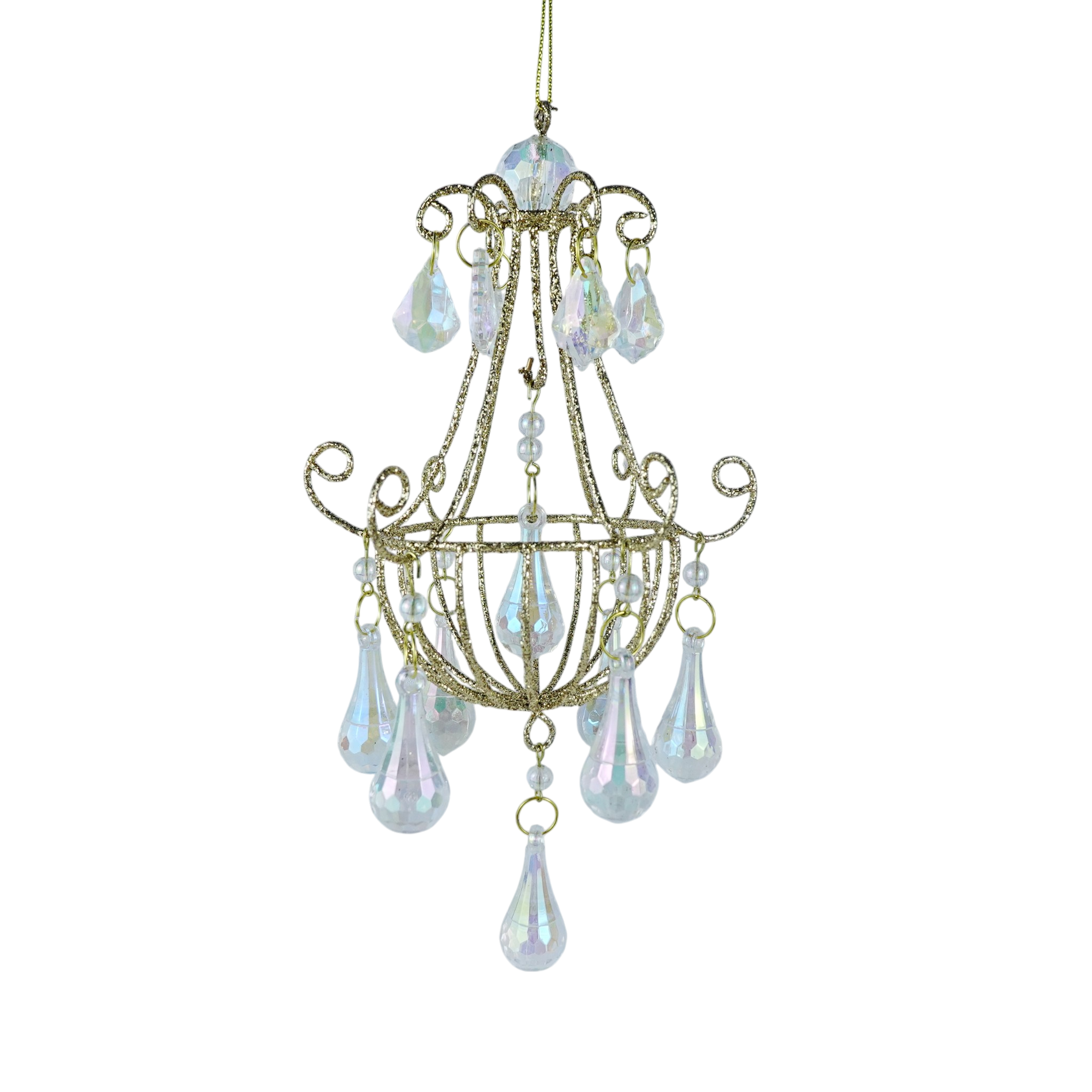 Gold Wire Chandelier Hanging Ornament with Teardrop Dangle