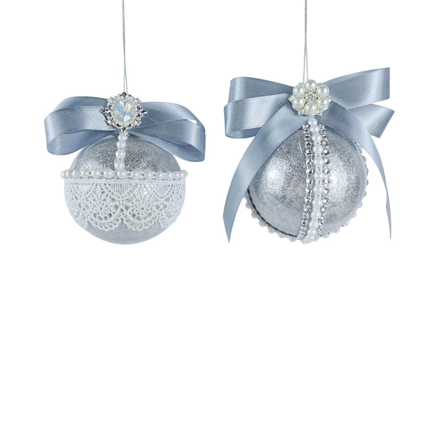 Silver and Blue Luxurious Glitter Ball Hanging Ornament with Ribbon Bow
