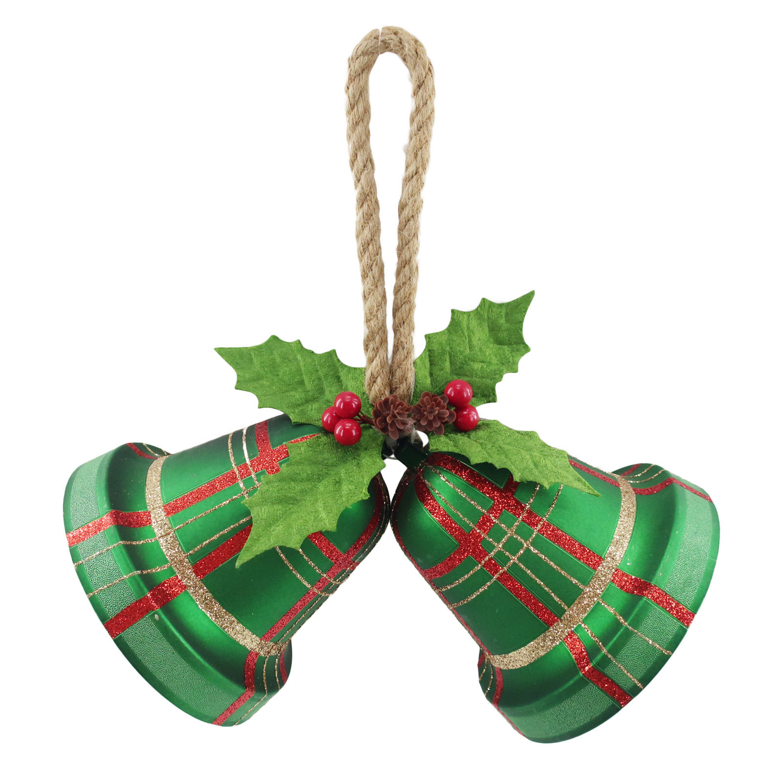 Green Plaid Double Bell Christmas Ornament with Holly