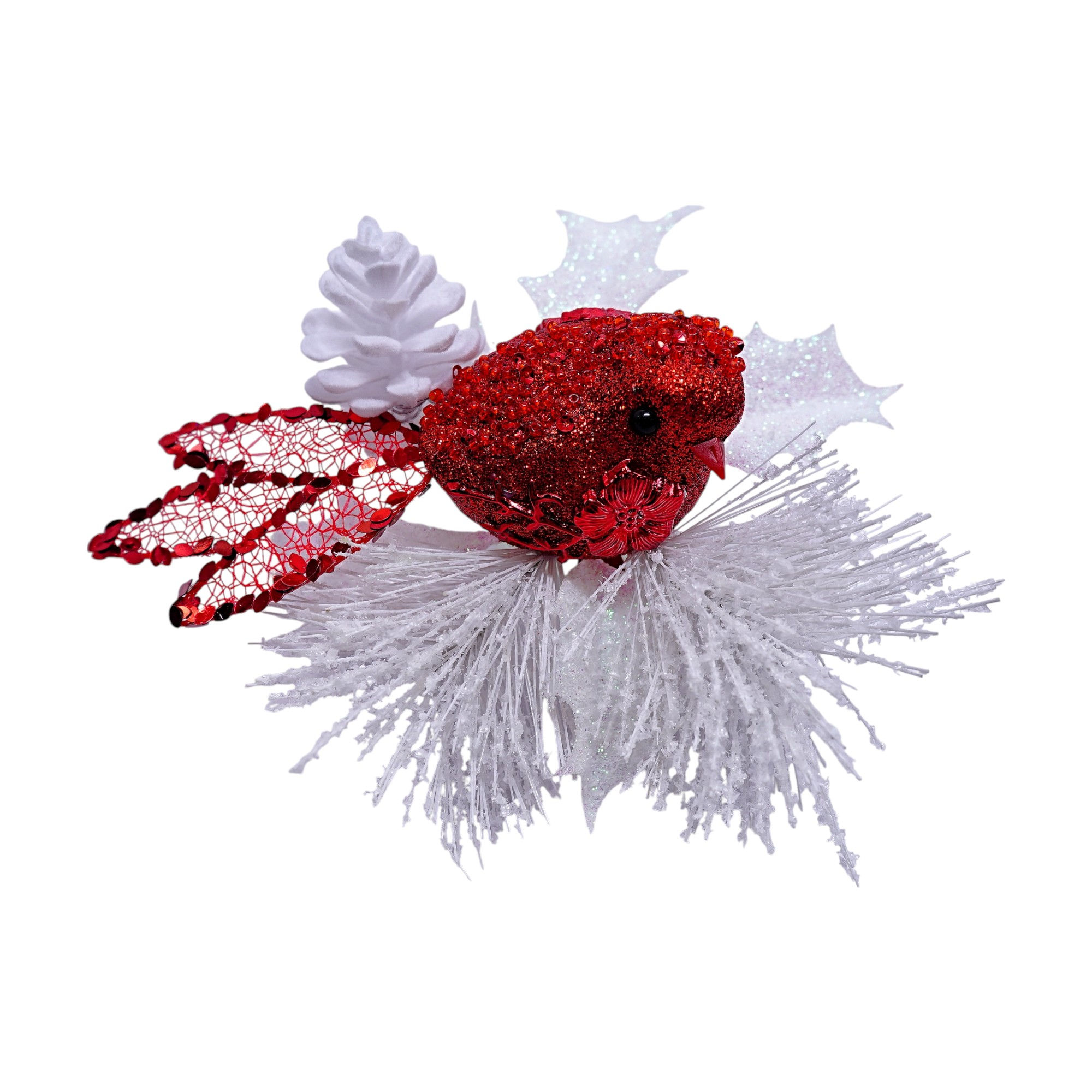 Red Bird On White Pinecone And Holly Leaves Christmas Decorative Clip On Ornament