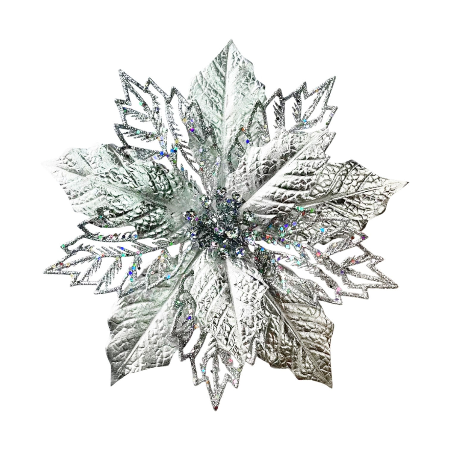 Jumbo Metallic Silver Poinsettia Christmas Decorative Clip-On Ornament