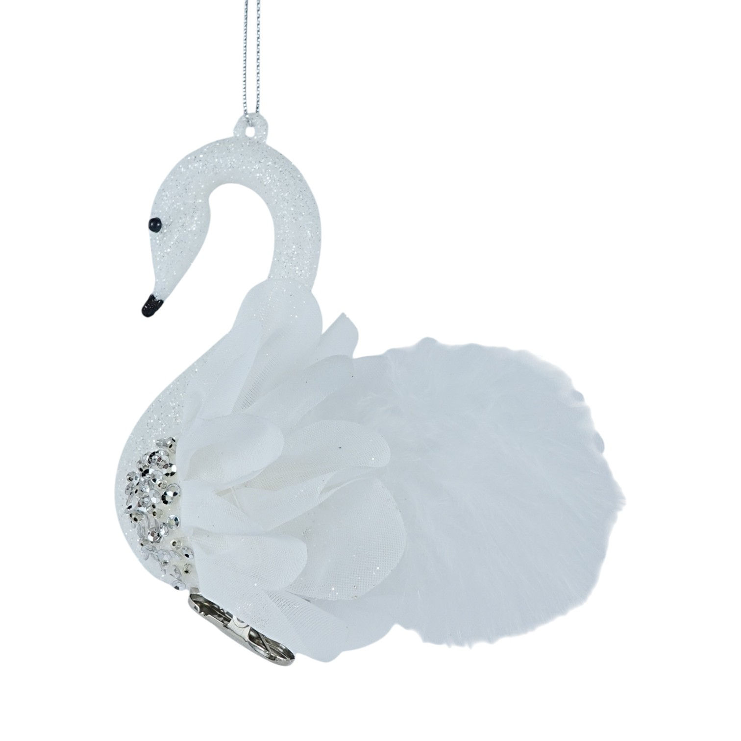 White Glitter Swan Hanging Ornament with Layered Wings , 4.3"