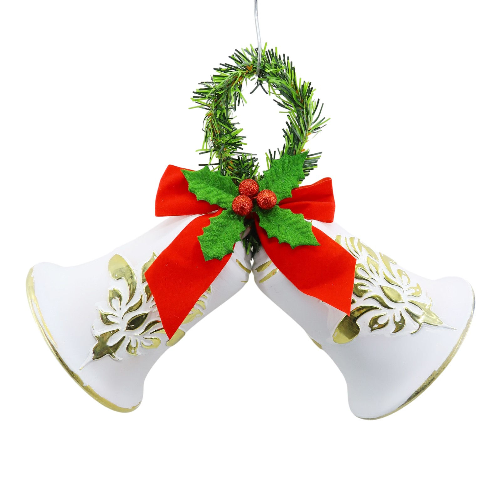 Whitewashed Double Bell Christmas Ornament with Gold Accents & Red Bow