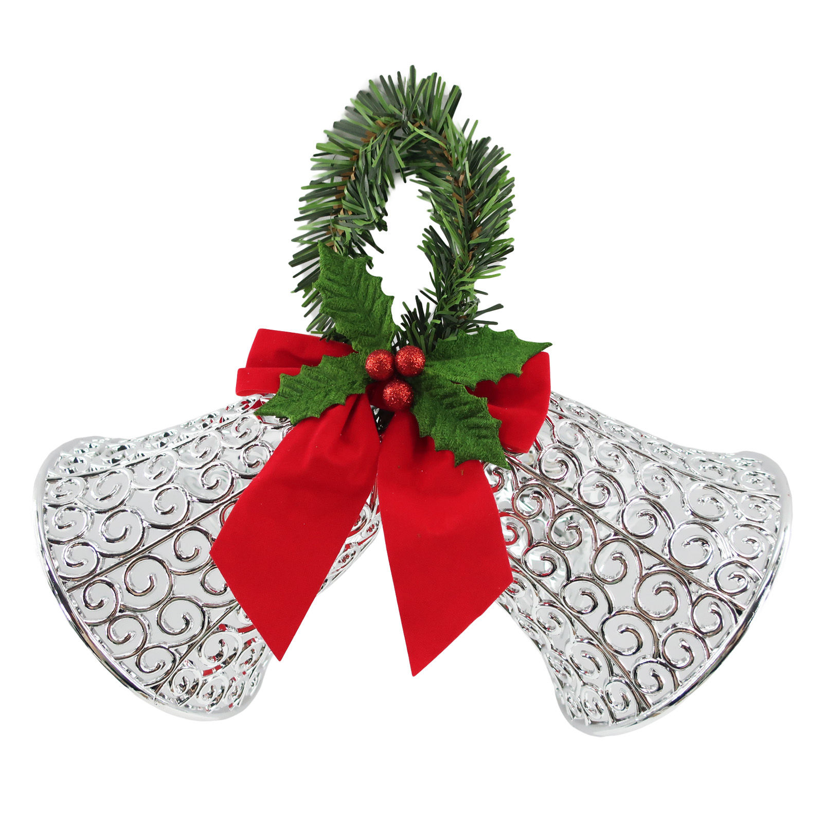 Metallic Silver Filigree Double Bell Christmas Decorative Ornament, 150mm