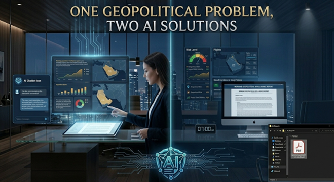 Mujer en oficina moderna interactúa con pantallas digitales. Gráficos de datos y mapas de Arabia Saudita. Texto: "ONE GEOPOLITICAL PROBLEM, TWO AI SOLUTIONS".