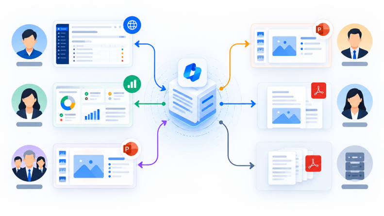 Diagrama de nube: servidor central con flechas a documentos, gráficos y avatares de usuarios, en tonos azul y naranja.