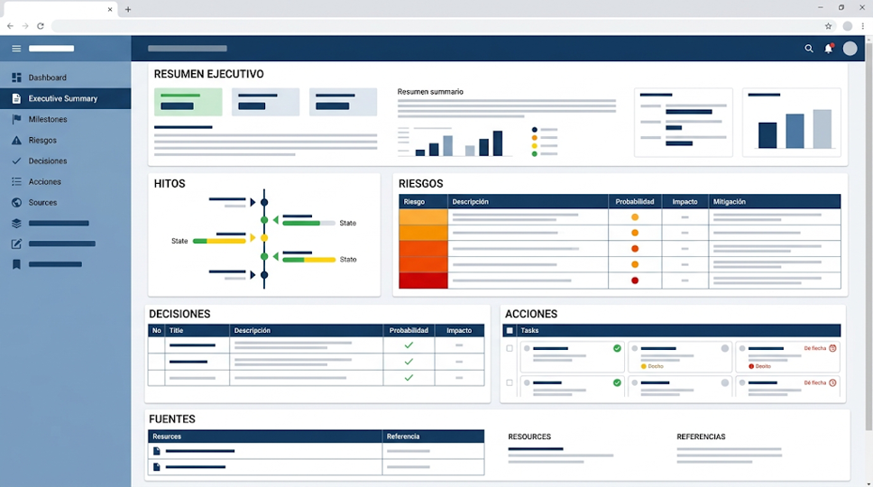 Panel web de resumen ejecutivo con menús laterales, tablas de hitos, riesgos, decisiones y acciones en tonos azul y blanco.