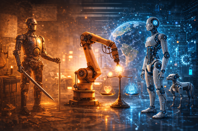 Robot medieval, brazo robótico y androide en laboratorio futurista; tierra de fondo, tonos naranjas y azules, ambiente tecnológico.