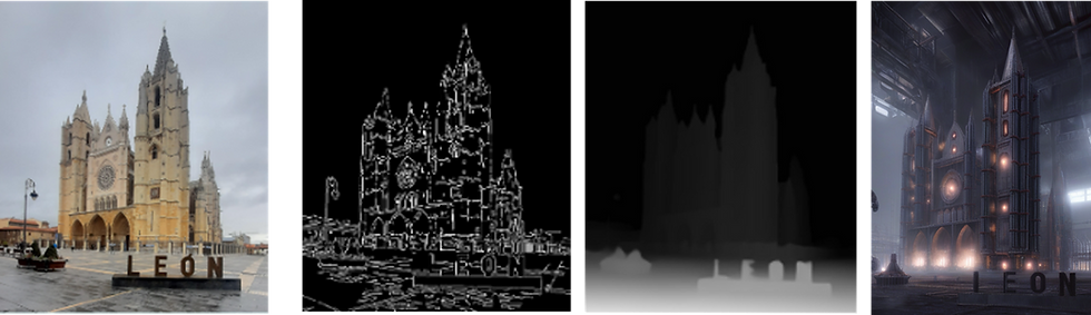 Catedral de León con cielo gris. Texto LEÓN al frente. Imagen transformada en boceto, mapa en blanco y negro, y versión industrial oscura.