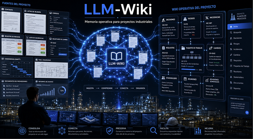 Panel futurista de LLM-Wiki con mapa de nodos, tarjetas de proyecto, hombre de espaldas y refinería nocturna al fondo.