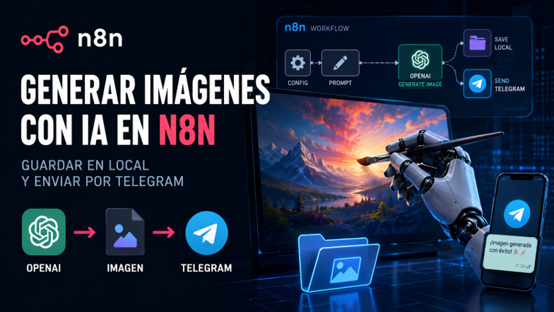 Banner de n8n con texto Generar imágenes con IA en n8n; flujo OpenAI→imagen→Telegram, mano robótica y móvil con imagen generada.