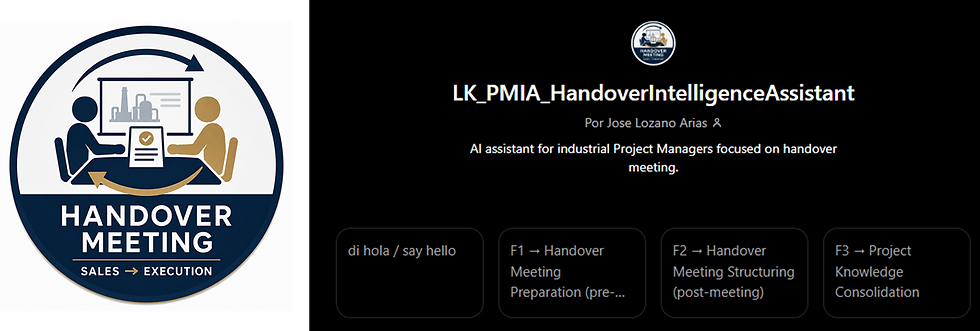 Logo con dos figuras frente a una pantalla. Texto: Handover Meeting, Sales ➔ Execution. Fondo negro con texto y botones sobre asistentes de IA.