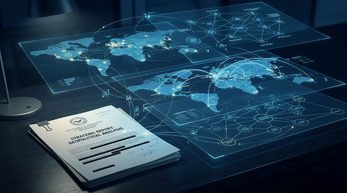Informe geopolítico sobre una mesa con mapas digitales azules flotando, conectando puntos en la pantalla. Ambiente futurista y serio.