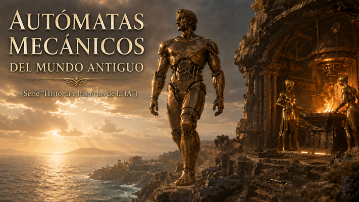 Autómata de bronce junto al mar al atardecer, con templo en ruinas y figuras junto al fuego. Texto: AUTÓMATAS MECÁNICOS DEL MUNDO ANTIGUO
