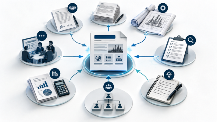 Diagrama de documentos y procesos conectados alrededor de un informe central, con iconos de reunión, firma, búsqueda y ajustes.