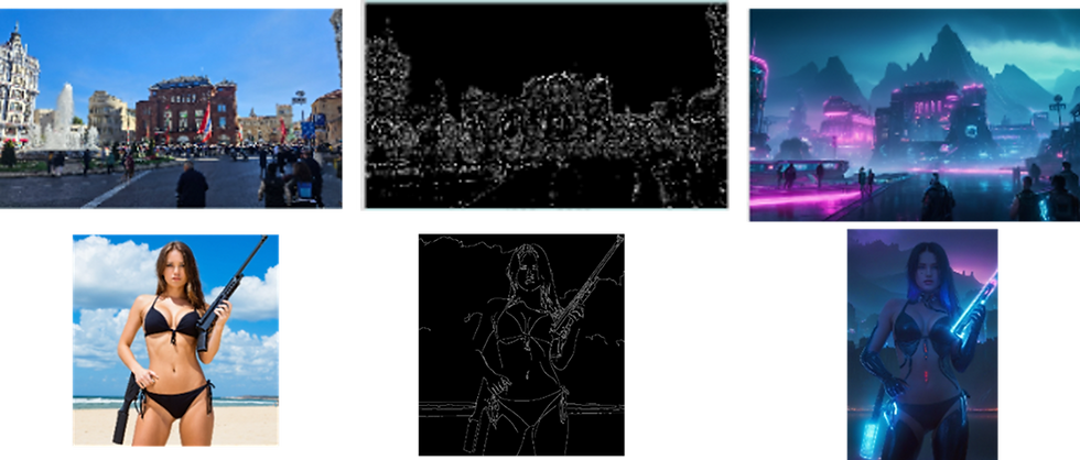 Varias imágenes: ciudad con fuentes y edificios, escena cibernética con luces neón, mujer en bikini con rifle en playa, ilustraciones de lo mismo.