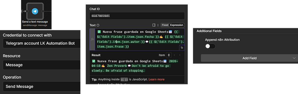 Interfaz de n8n mostrando un mensaje de Telegram automatizado con una cita guardada en Google Sheets. Texto visible y opciones a la derecha.