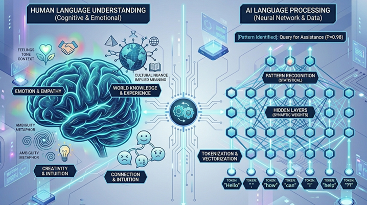 Diagrama digital que compara "Comprensión del Lenguaje Humano" con "Procesamiento del Lenguaje por IA", mostrando un cerebro y redes neuronales.