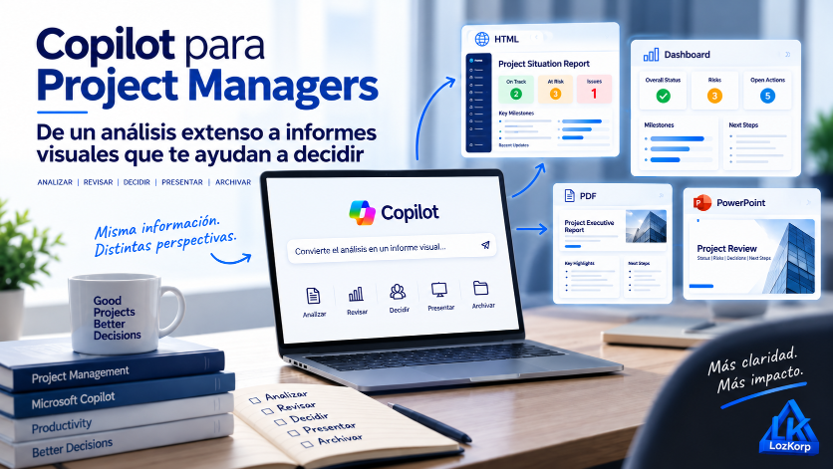 Anuncio de Copilot para Project Managers: portátil con paneles, libros y taza en escritorio; texto sobre análisis y decisiones.