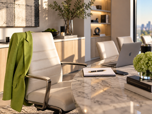 Alexsandra Sisler's green blazer and desk