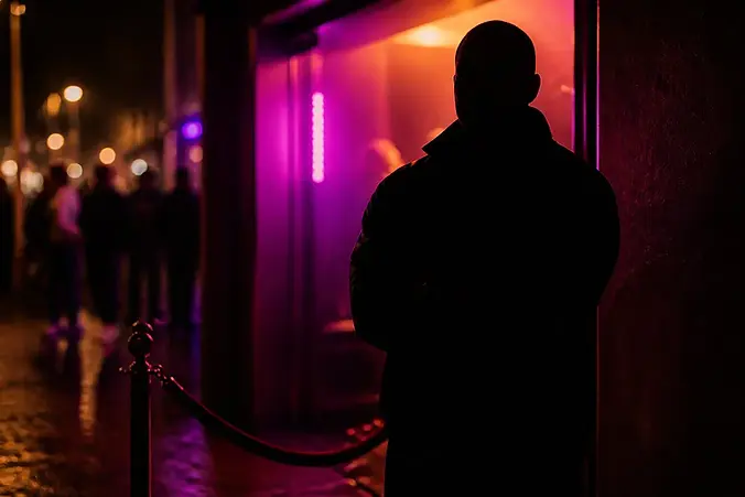 Silhouette of a security guard standing at a nightclub entrance
