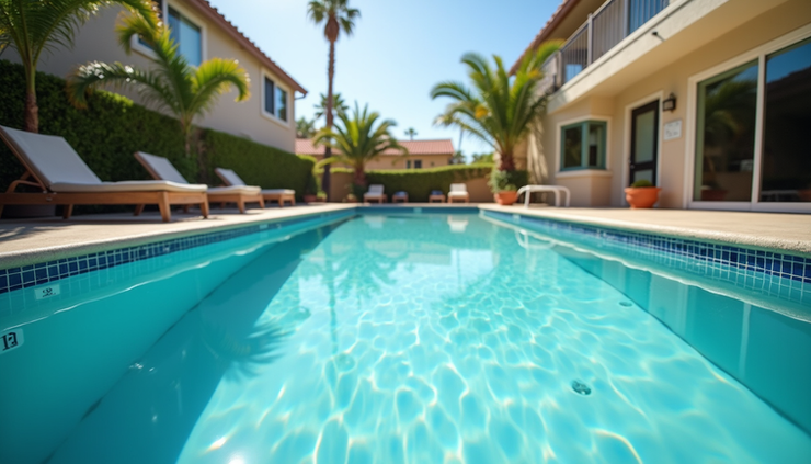 Eye-level view of a clean residential pool with clear water and surrounding deck in San Diego
