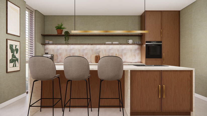 Luxe eetkamer met walnoten eetafel in halve cirkel vorm met gubi stoelen en groen grass cloth behang en Dedar Milano gordijnen