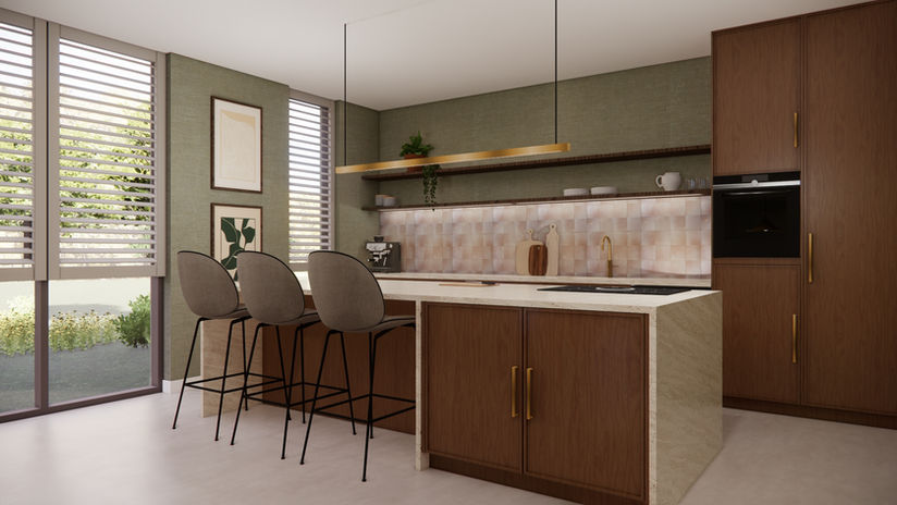 Luxe eetkamer met walnoten eetafel in halve cirkel vorm met gubi stoelen en groen grass cloth behang en Dedar Milano gordijnen