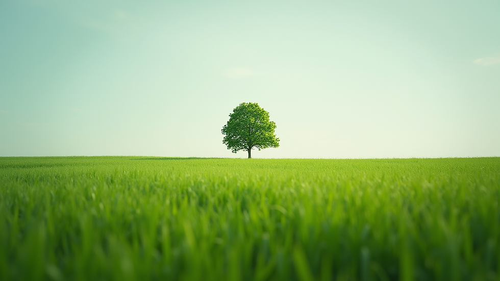 Eye-level view of a green field with a single tree standing tall