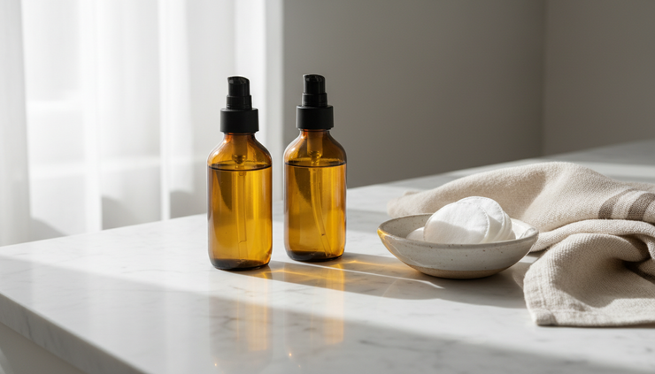 Close-up view of amber skincare bottles beside a ceramic dish and soft cotton pads