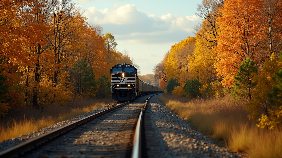 Eye-level view of a vintage train traveling through a colorful forest