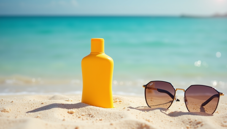 Close-up view of sunscreen bottle and sunglasses on a sandy beach