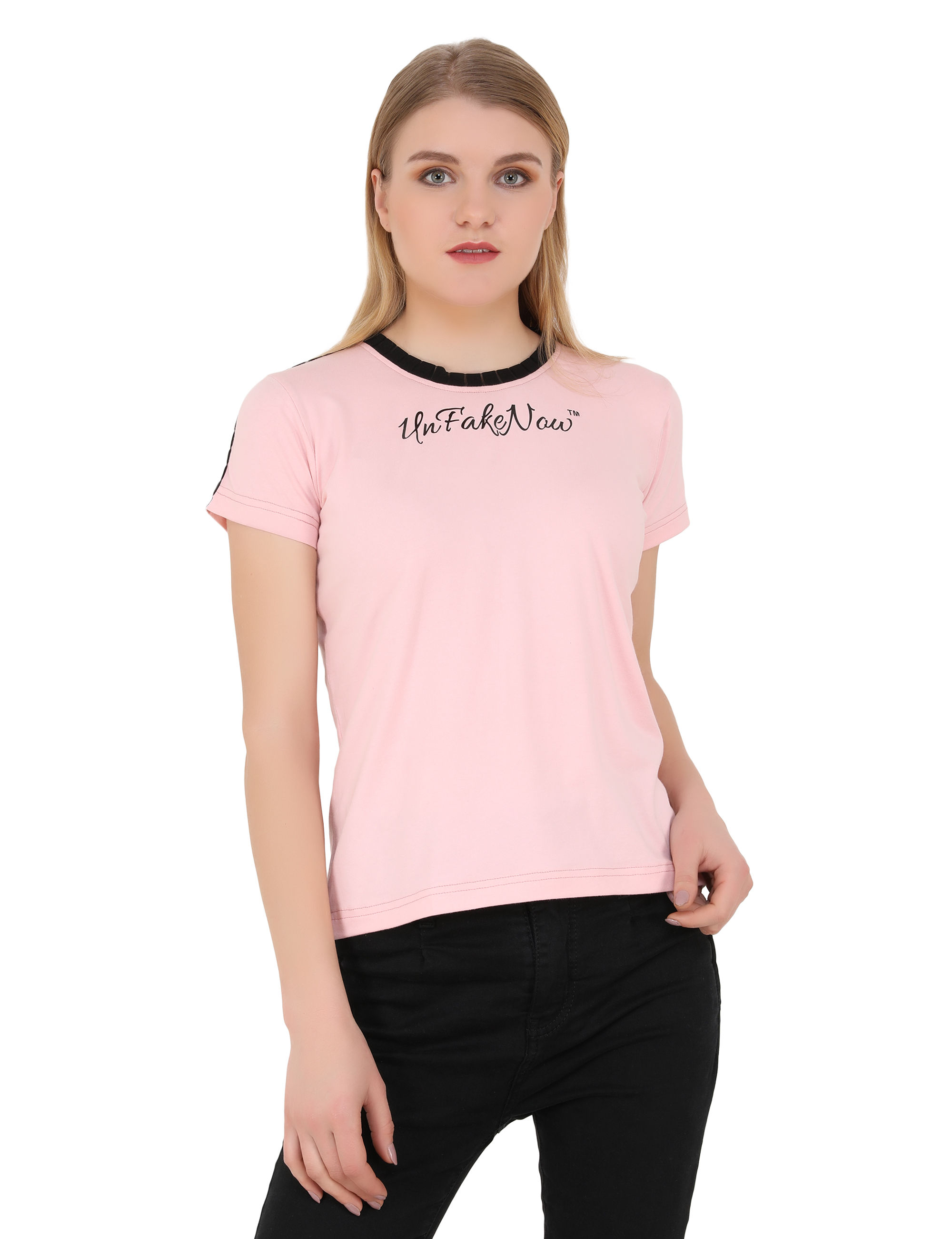UNFAKENOW  Printed Women Round Neck Pink T-Shirt