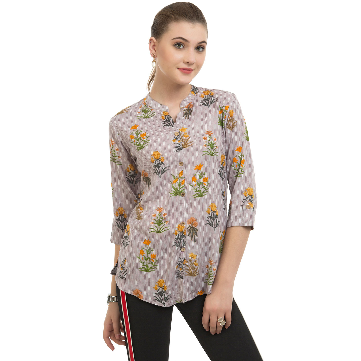 UNFAKENOW Casual 3/4 Sleeve Floral Print Women Grey Top