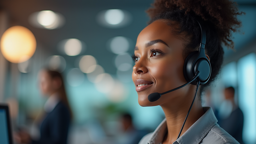 Eye-level view of a customer service representative using a headset