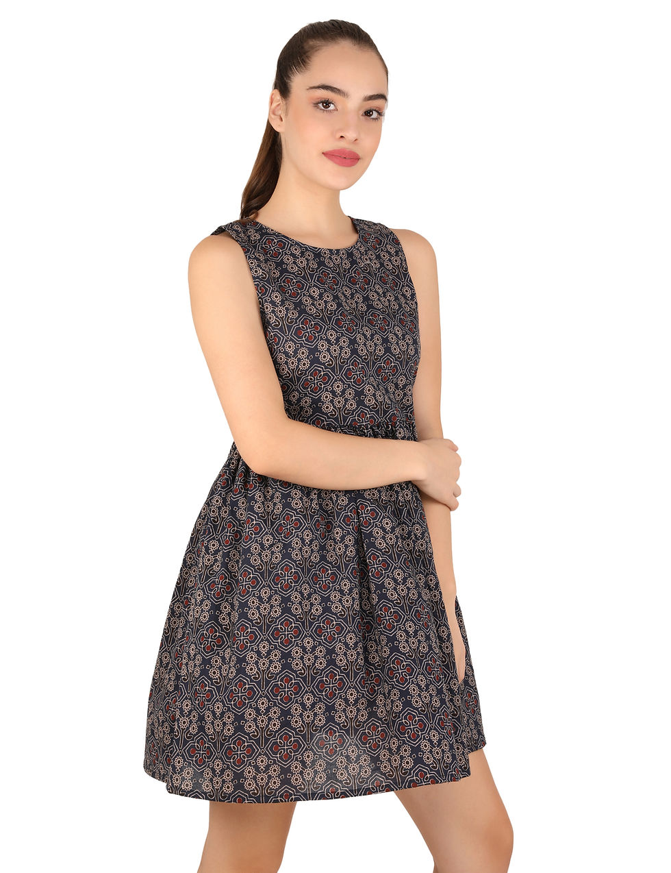 Thumbnail: UNFAKENOW Floral Printed Women Peplum Dark Blue Cotton Dress