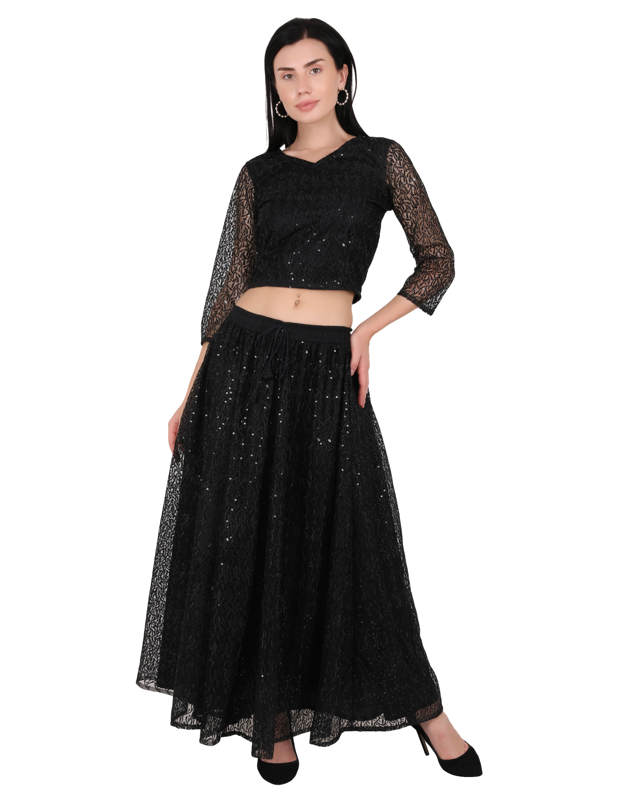 UNFAKENOW Women Floral Embroidery Black Top Skirt Set