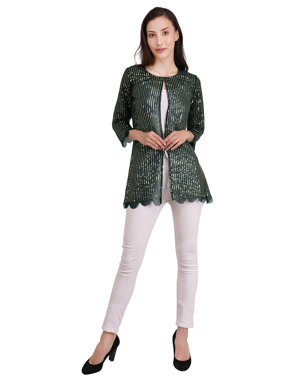 Thumbnail: Dark Green Sequence Embellished Kimono Style Georgette Women Shrug