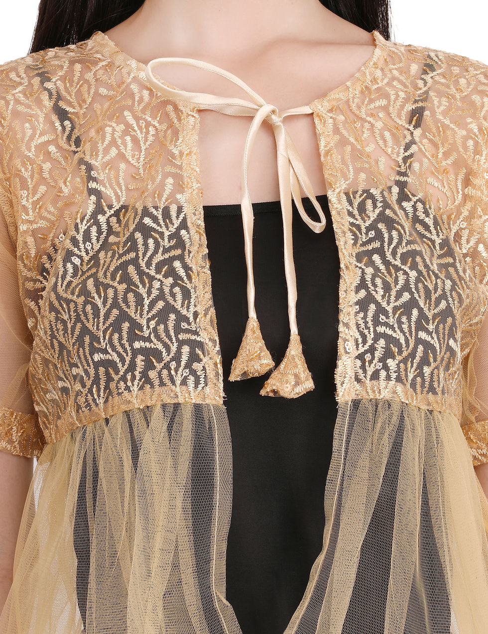 Thumbnail: Golden Net Floral Embroidery Sequence Embellished Women Short Shrug