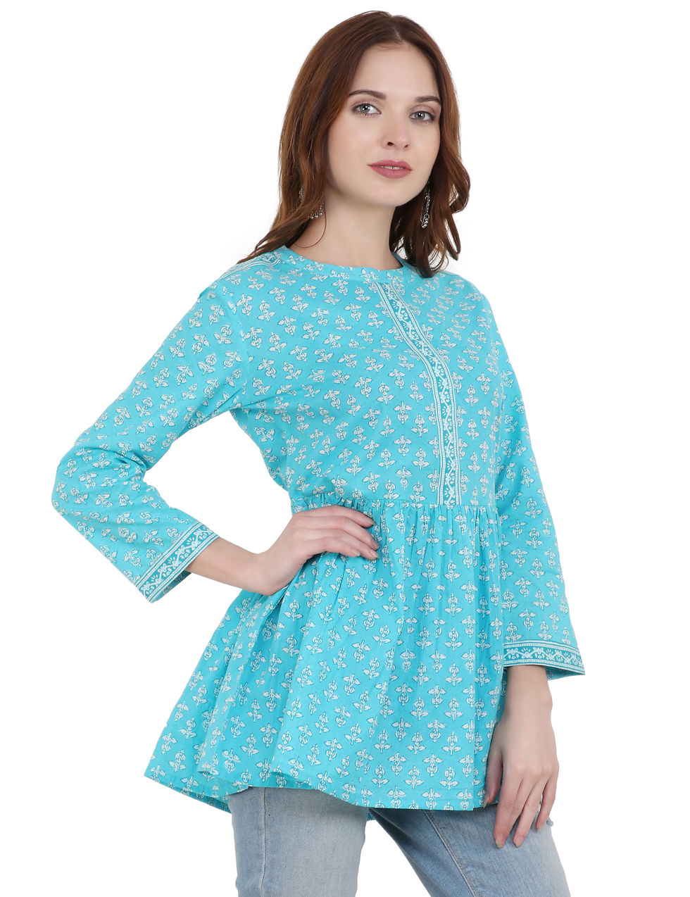 Thumbnail: UNFAKENOW  Casual 3/4 Sleeve Floral Print Women Light Blue Top