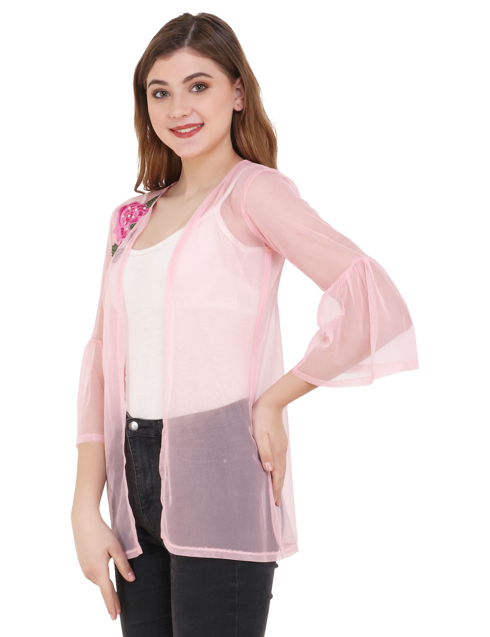 Thumbnail: Pink Floral Embroidered Pearl Embellished 3/4th Sleeve Women Net Sheer Shrug