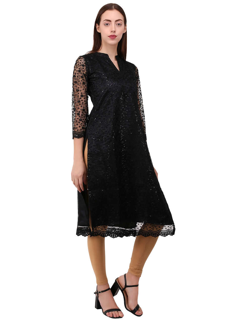 Thumbnail: UNFAKENOW  Women Floral Embroidered Net Straight Black Kurta