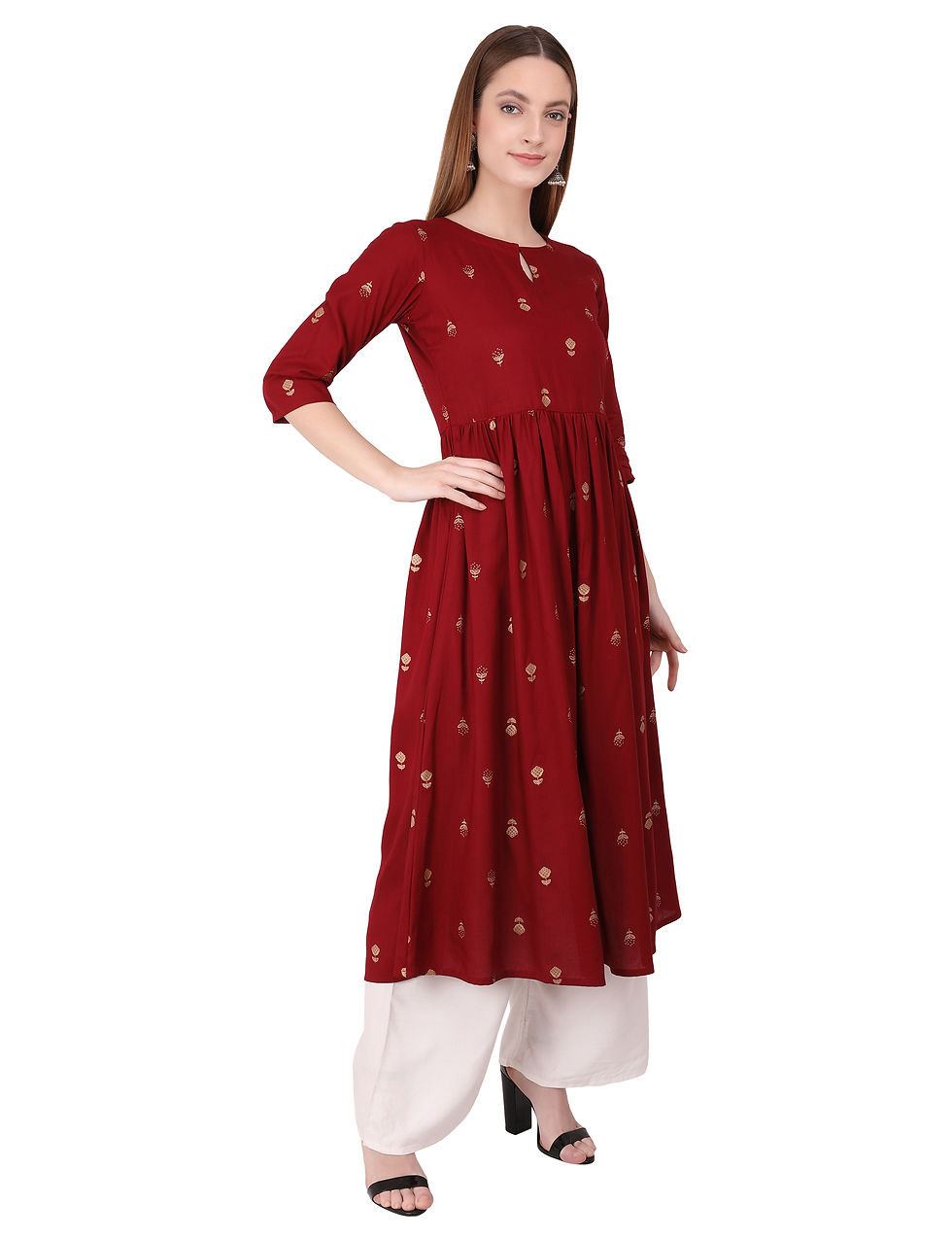 Thumbnail: Maroon Floral Printed Rayon Flared Women Kurta