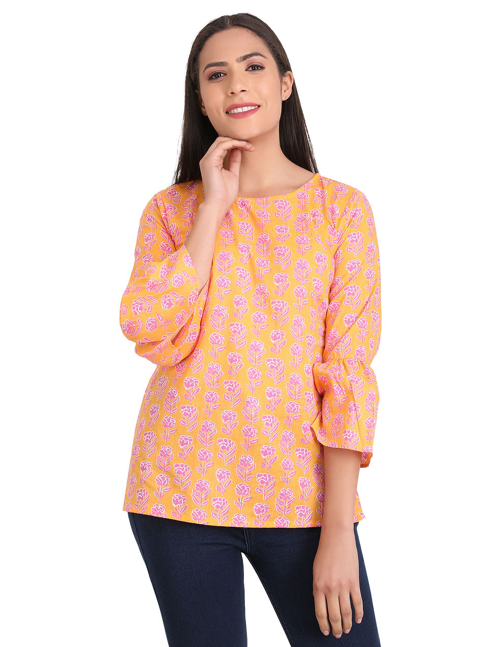 Thumbnail: Orange Bell Sleeves Floral Print Cotton Women Tunic Top