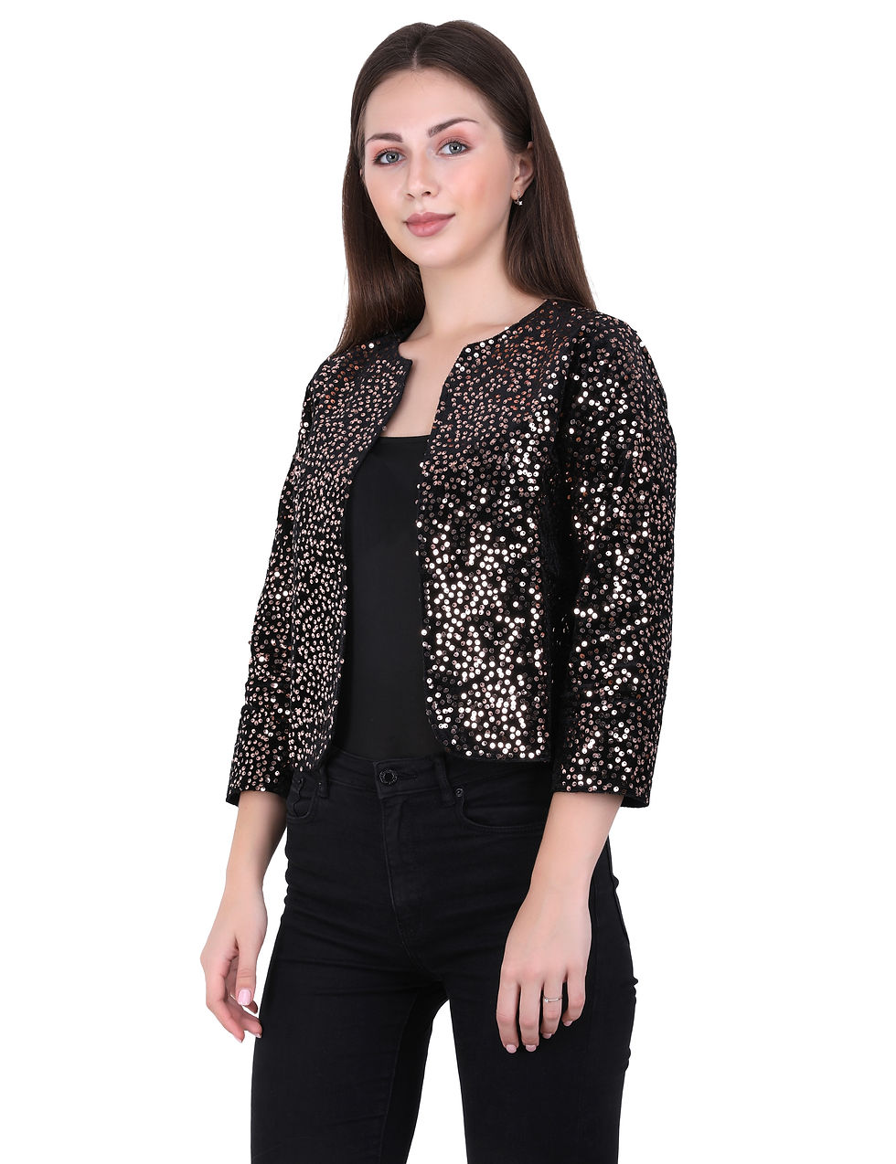 Thumbnail: UNFAKENOW  Women Jacket Style 3/4th Sleeve Gold Sequence Embellished Shrug