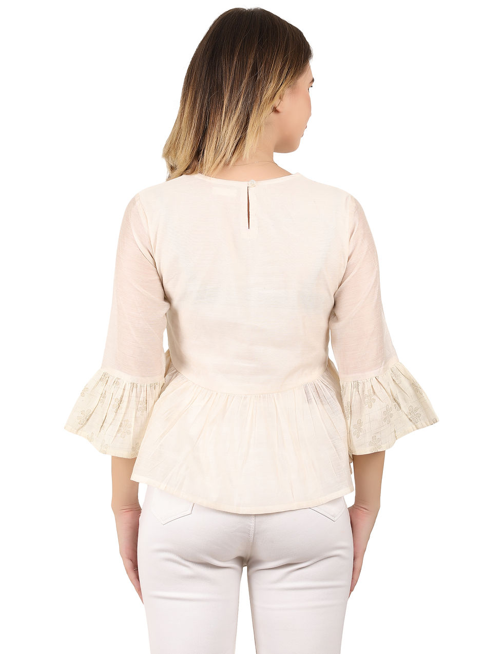 Thumbnail: UNFAKENOW Casual Bell Sleeve Solid Women Cotton Blend Peplum White Top