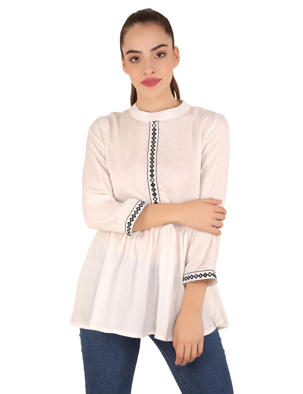 Thumbnail: Women Indo Western Casual Formal Wear Stylish Trendy Peplum Long Pink Top Tunic