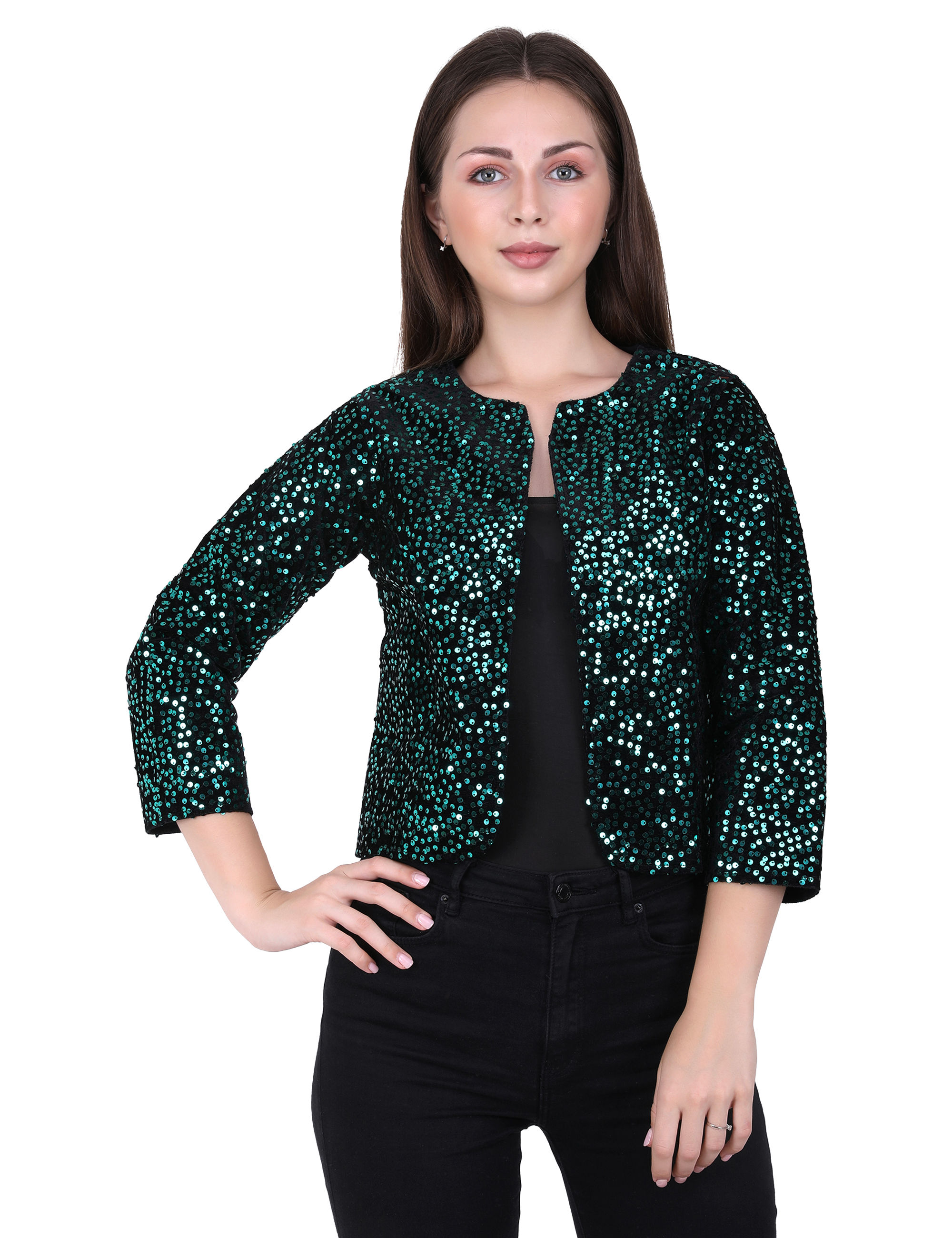 Dark Green Sequence Embellished Jacket Style Party Wear Women Short Shrug
