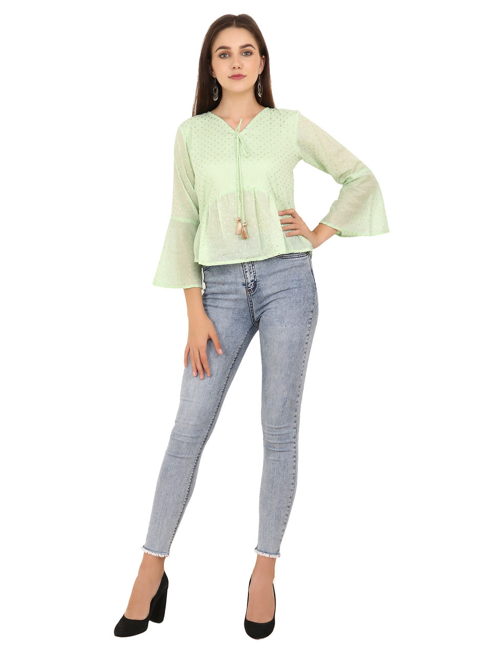 Thumbnail: UNFAKENOW  Casual Bell Sleeve Printed Women Light Green Top