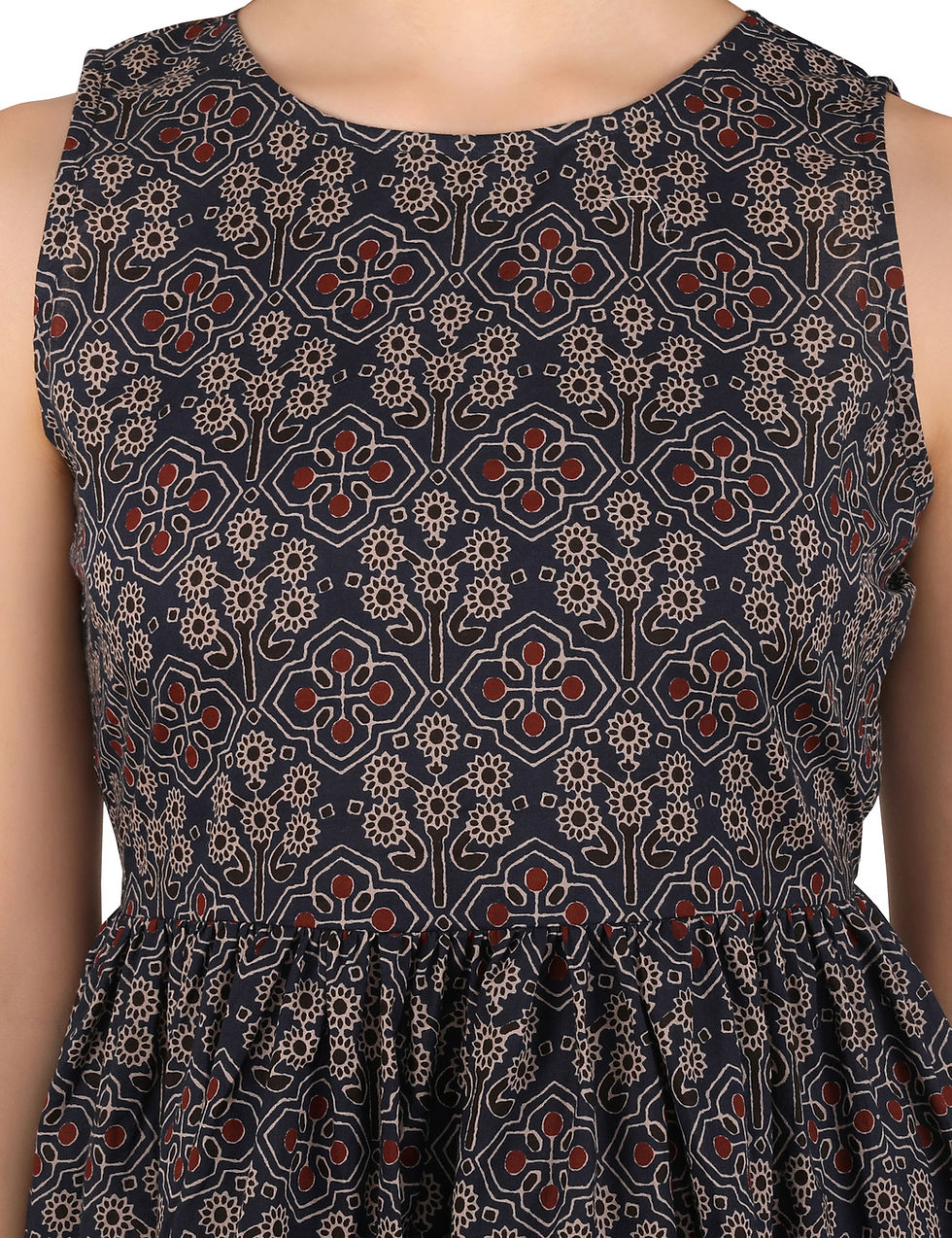 Thumbnail: UNFAKENOW Floral Printed Women Peplum Dark Blue Cotton Dress